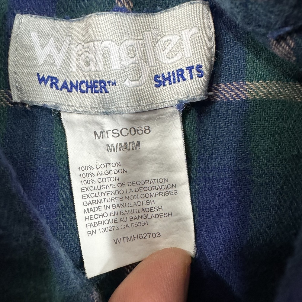 Wrangler Flannel Shirt Mens Medium Wrancher Green Blue Western Pearl Snap Casual - Picture 3 of 10